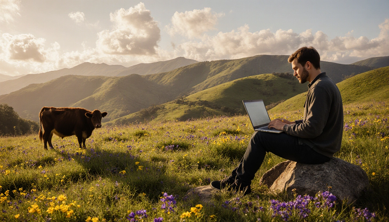 Homme assis sur un rocher avec un ordinateur portable. L'image met en valeur le lien entre la nature et la technologie.
