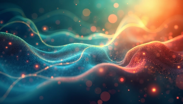 Lignes fluides et dynamiques évoquant le flux de données et l'importance de la sobriété numérique.