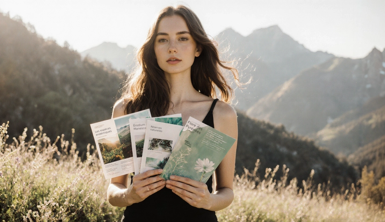 Femme devant un paysage de montagne au printemps dans une atmosphère lumineuse et chaleureuse. Elle tient dans ses mains plusieurs brochures aux designs contemporains.